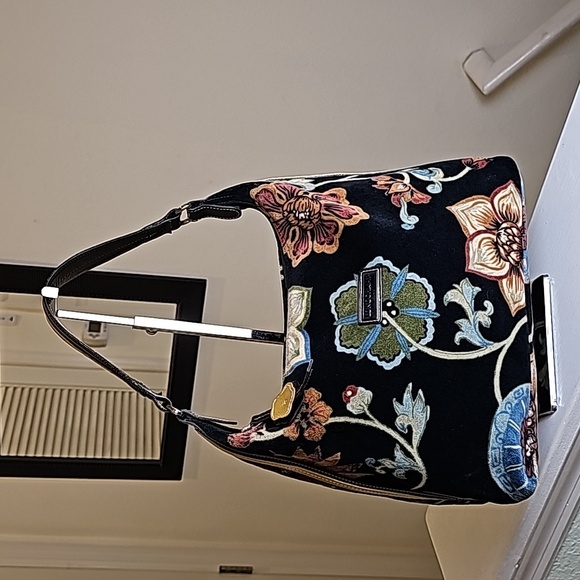 Longchamp Handbags - Longchamp 1948 Black Multicolor Velvet Floral Made in France Shoulder Bag EUC